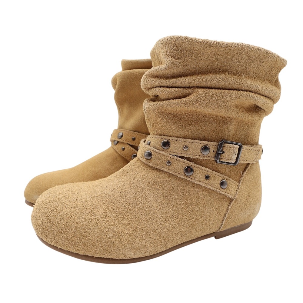 L'Amour Slouch Ankle Boots Kids Size 1 Tan Suede Leather Studded Buckle A612